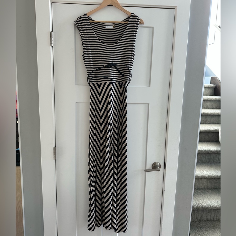 Calvin Klein Black and White Chevron Maxi Dress